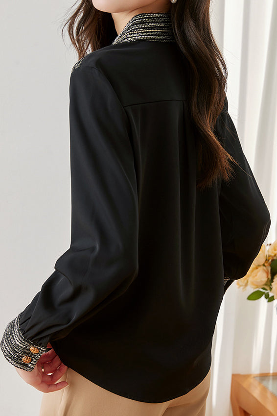 Translated Collar and Full Button Chest Pocket Elegant Color Block Shirt - liwisi