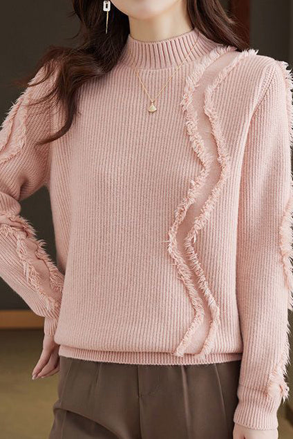 Bottle Neck Fringe Decor Long Sleeve Sweater - 4 Colors Available - liwisi