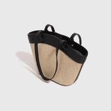 Leather Contrast Straw Shoulder Bag with Lining and Inner Bag - liwisi