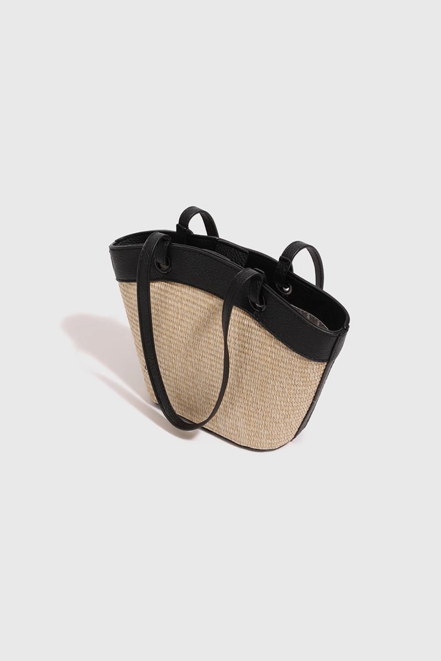 Leather Contrast Straw Shoulder Bag with Lining and Inner Bag - liwisi