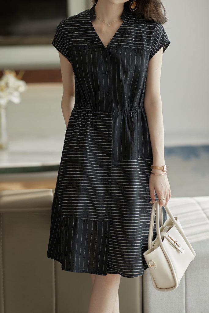 Skipper Collar Striped Docking Linen Dress - liwisi