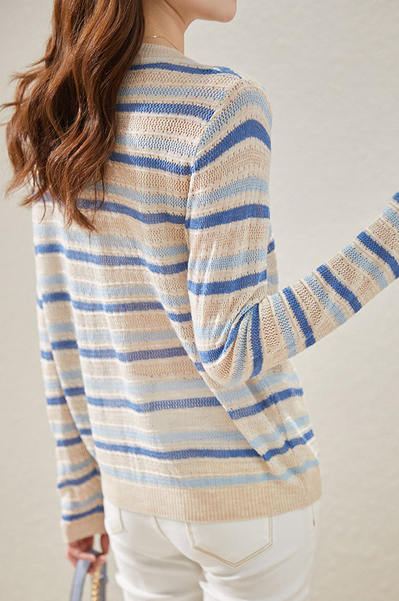 Round Neck Striped Knit Sweater - liwisi