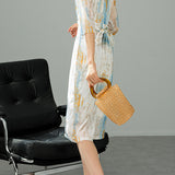 V-Neck Colorful Ink Print Long Dress with Lining - liwisi