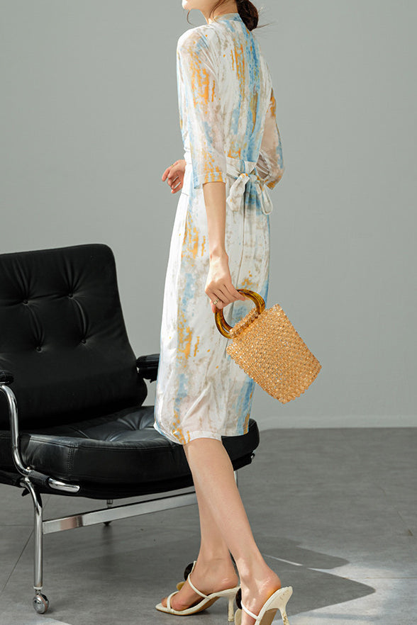 V-Neck Colorful Ink Print Long Dress with Lining - liwisi