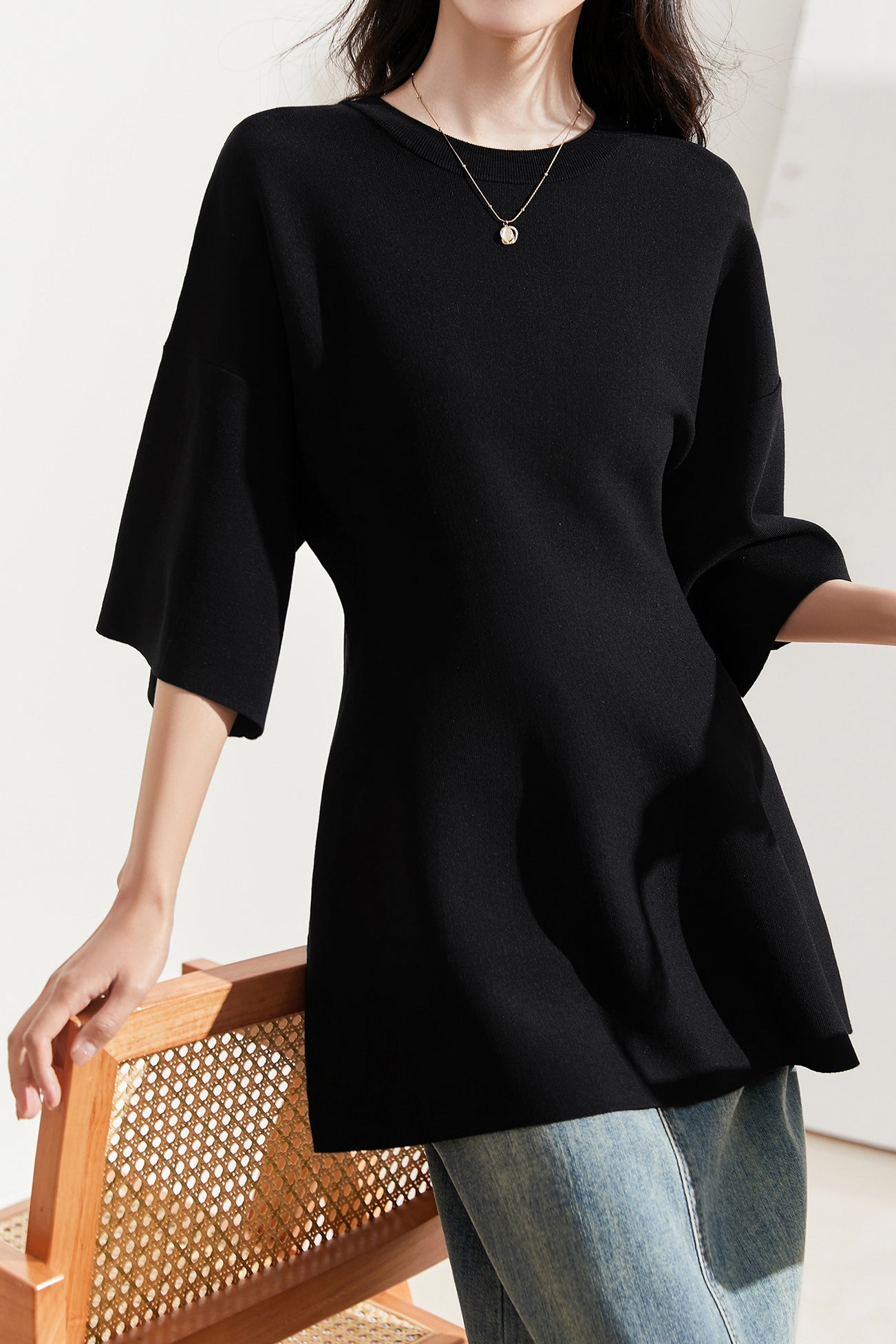 Round Neck Drop Shoulder Knit Tunic - liwisi