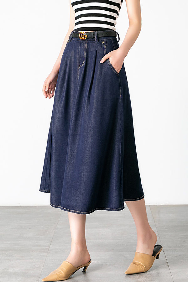 Side Pocket Long Flare Denim Skirt - 2 Colors Available - liwisi