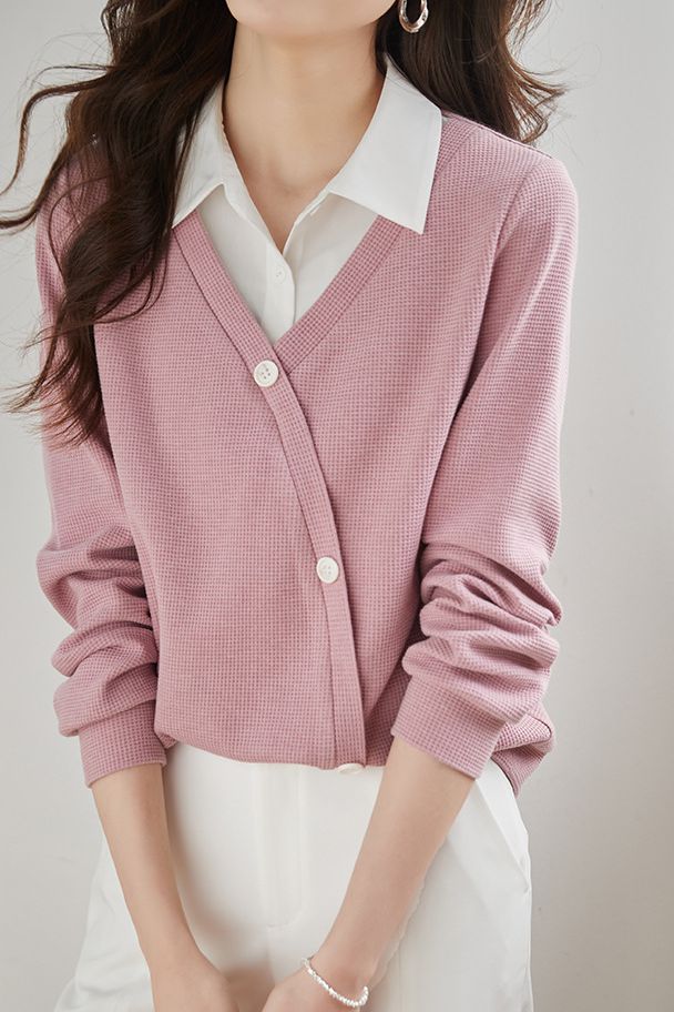 Faux Two-Piece Waffle Knit Sweatshirt - liwisi