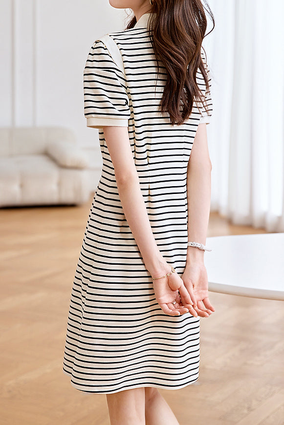 Polo Collar Striped Tuck-In Dress - liwisi