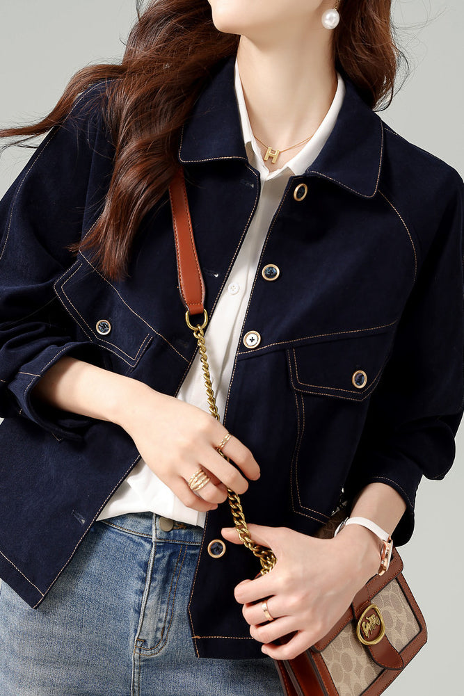 Fashionable Folded Collar Denim Jacket - liwisi