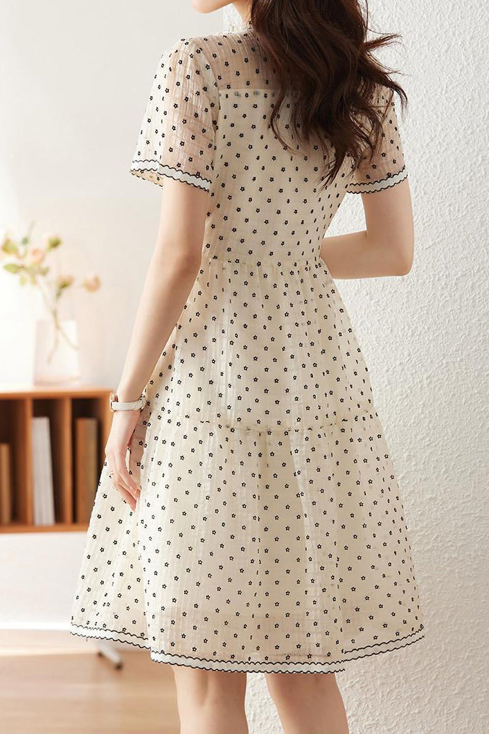 Ruffle Collar Small Floral Flock Flare Dress with Lining - liwisi