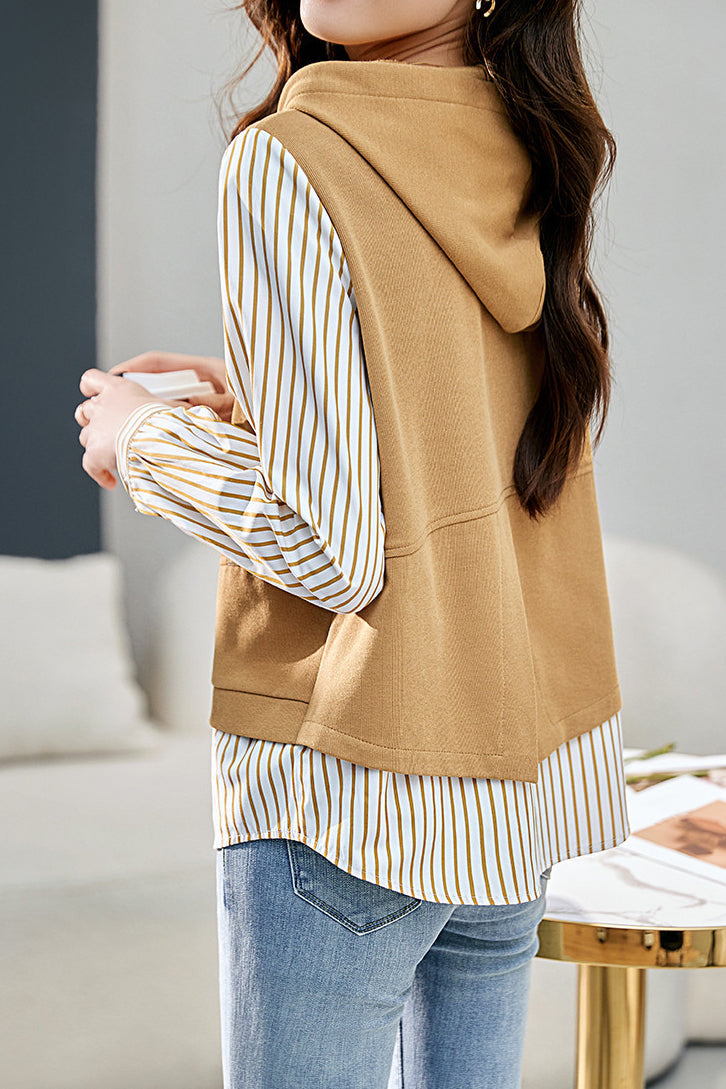 Mixed Material Striped Panel Hoodie - liwisi