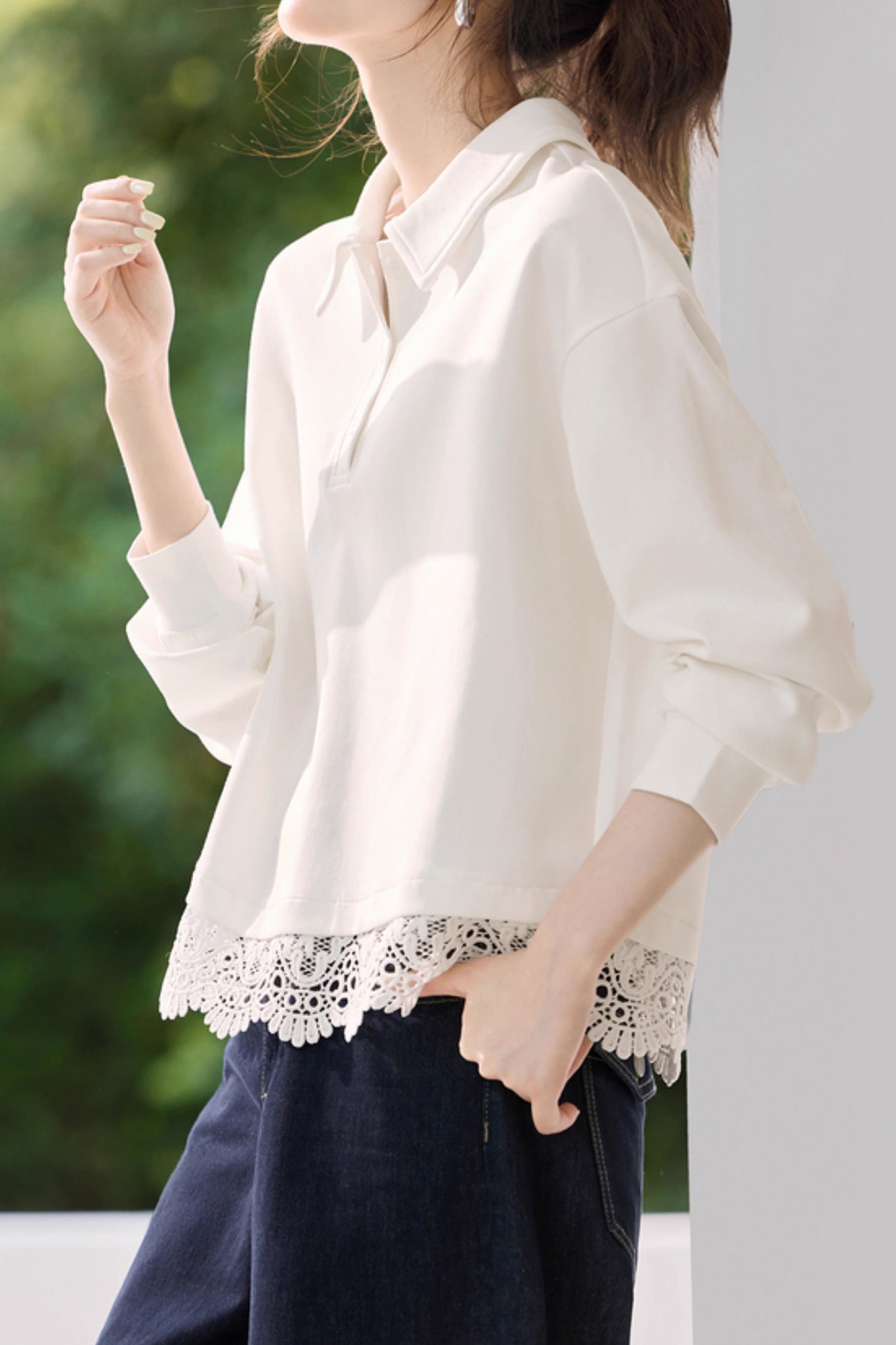 Versatile Fashionable Lace Patchwork Polo Sweatshirt - liwisi