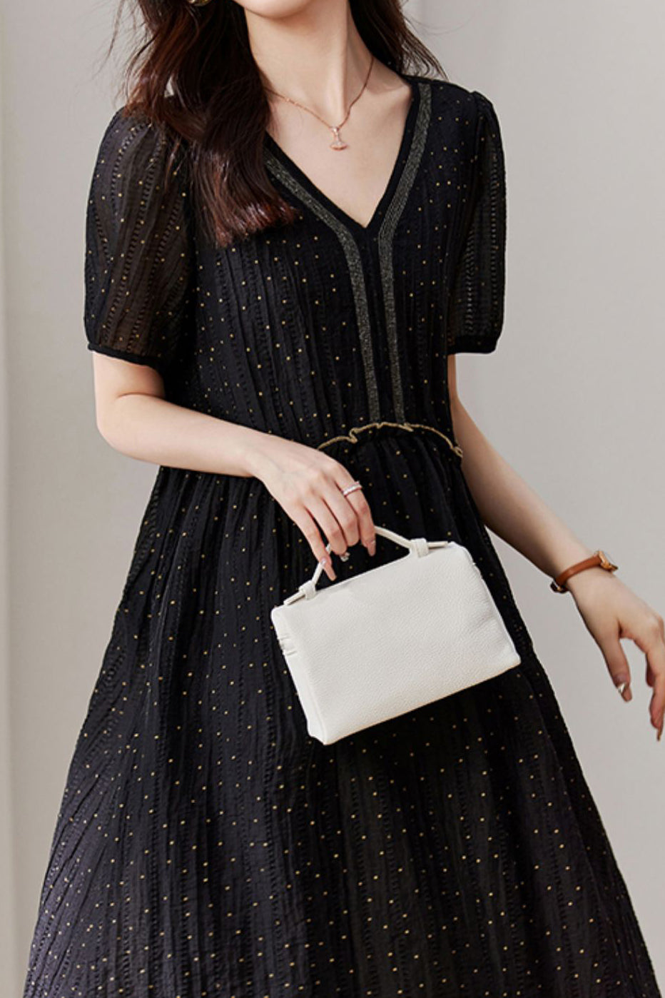 V-Neck Ruffle Decor Dot Pattern Sheer Dress with Lining - liwisi