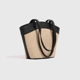 Leather Contrast Straw Shoulder Bag with Lining and Inner Bag - liwisi