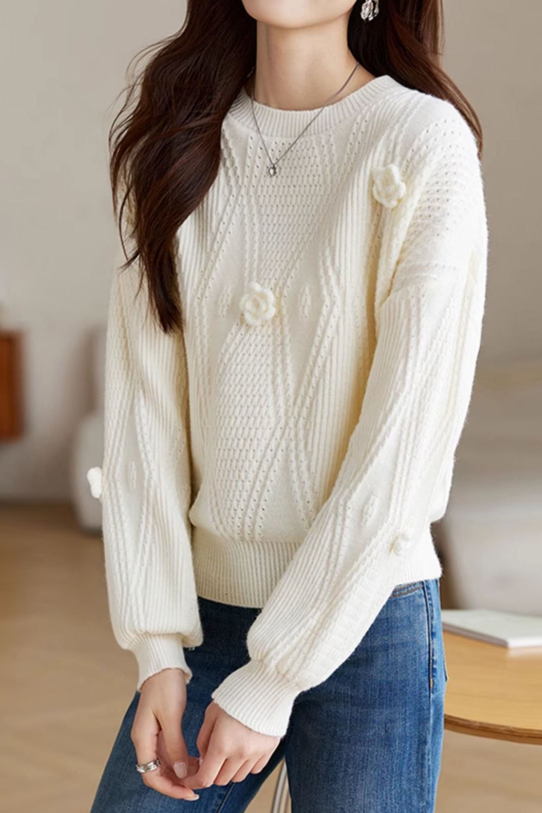 Elegant Loose Lantern Sleeve 3D Flower Pullover Sweater - liwisi