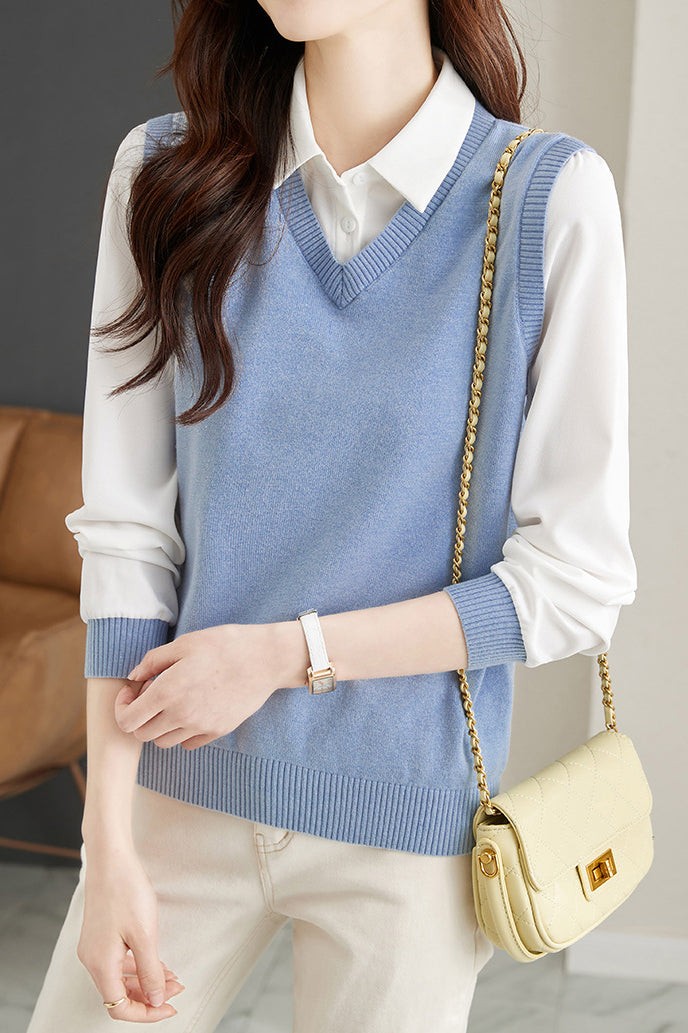 Layered Look Shirt Collar Bi-Color Blouse - liwisi