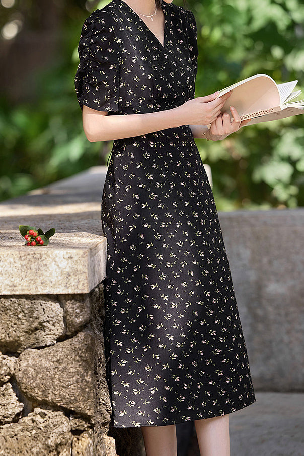 V-Neck Floral Long Tie-Belted Dress - liwisi