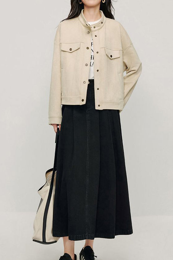 Stand Collar Short Jacket with Lining - 2 Colors Available - liwisi