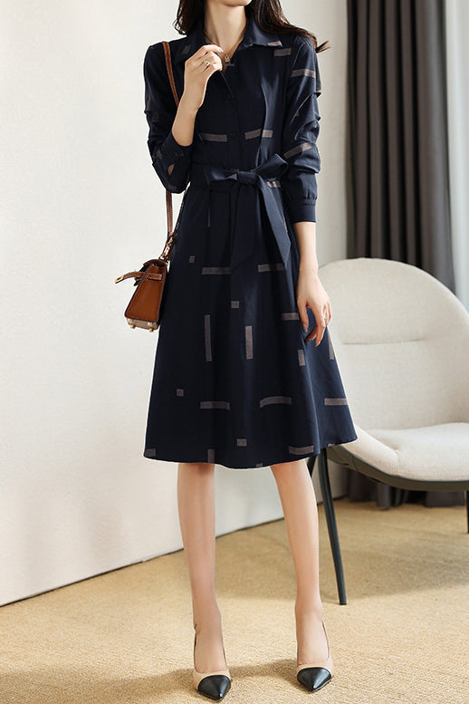 Geometric Print Croissant Sleeve Flare Shirt Dress - liwisi
