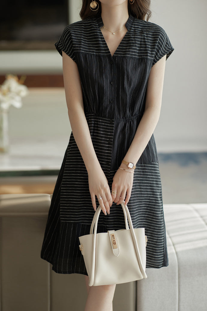 Skipper Collar Striped Docking Linen Dress - liwisi