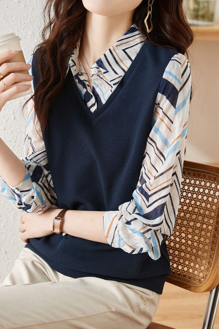 Layered Look Printed Contrast Vest Shirt - liwisi