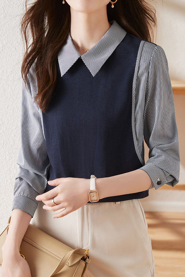 Commuter Versatile Polo Collar Stripe Long-Sleeve Fake Two-Piece Sweatshirt - liwisi