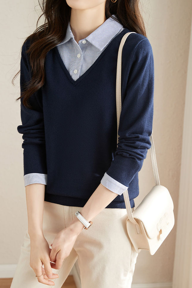 Casual Office Polo Collar Spliced Fake Two-Piece Knit Top - liwisi