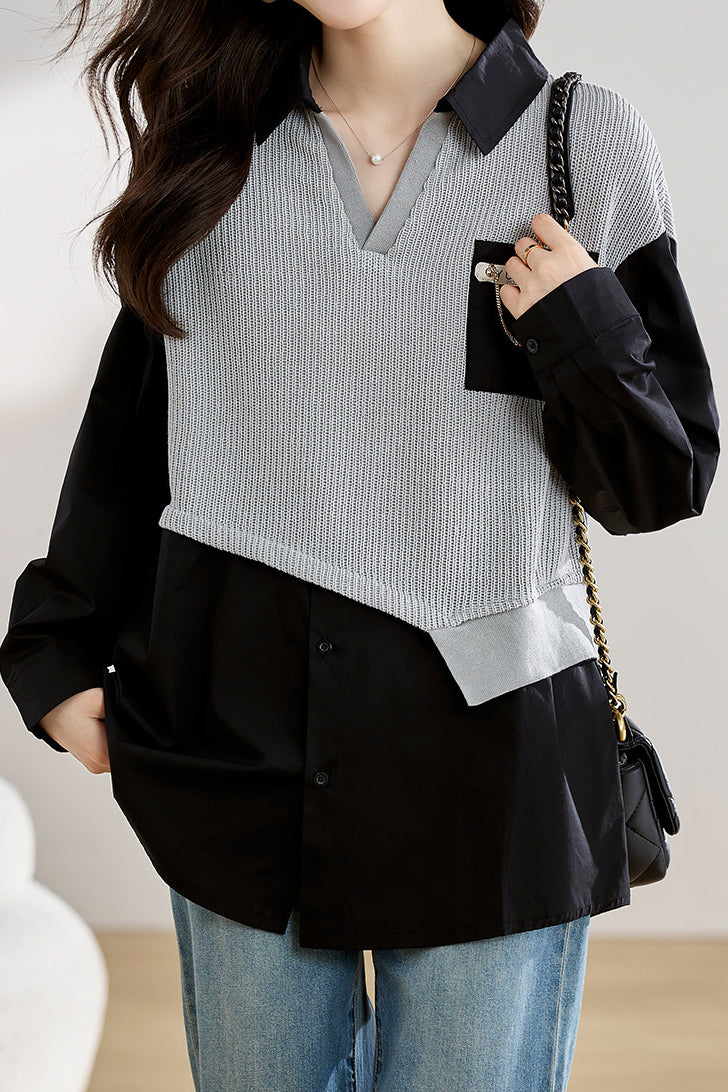 Layered Look Skipper Collar Knit Shirt - liwisi