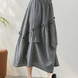 Asymmetrical Contrast Ruffle Decor Long Check Skirt - liwisi
