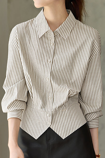 Early Autumn Office Fitted-Waist Striped Shirt - liwisi