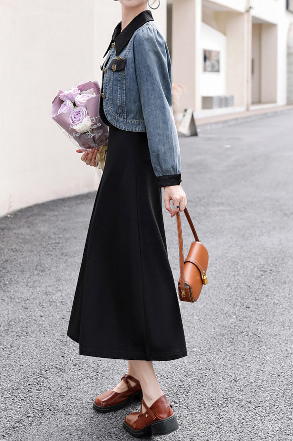 Two-Piece Set: Stand Collar Wrap Jacket + Casual Long Dress - 2 Colors Available - liwisi