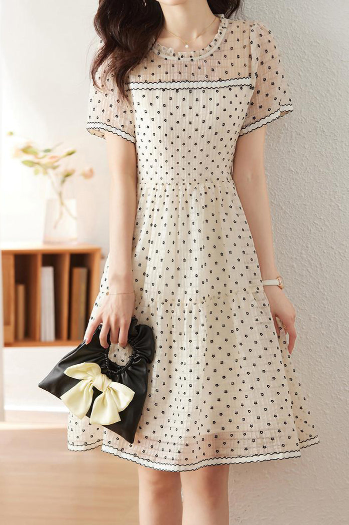 Ruffle Collar Small Floral Flock Flare Dress with Lining - liwisi