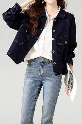 Fashionable Folded Collar Denim Jacket - liwisi