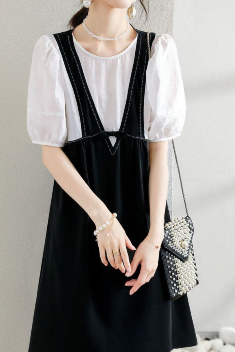 Layered Look Stitch Decor Semi-Flare Dress - 2 Colors Available - liwisi