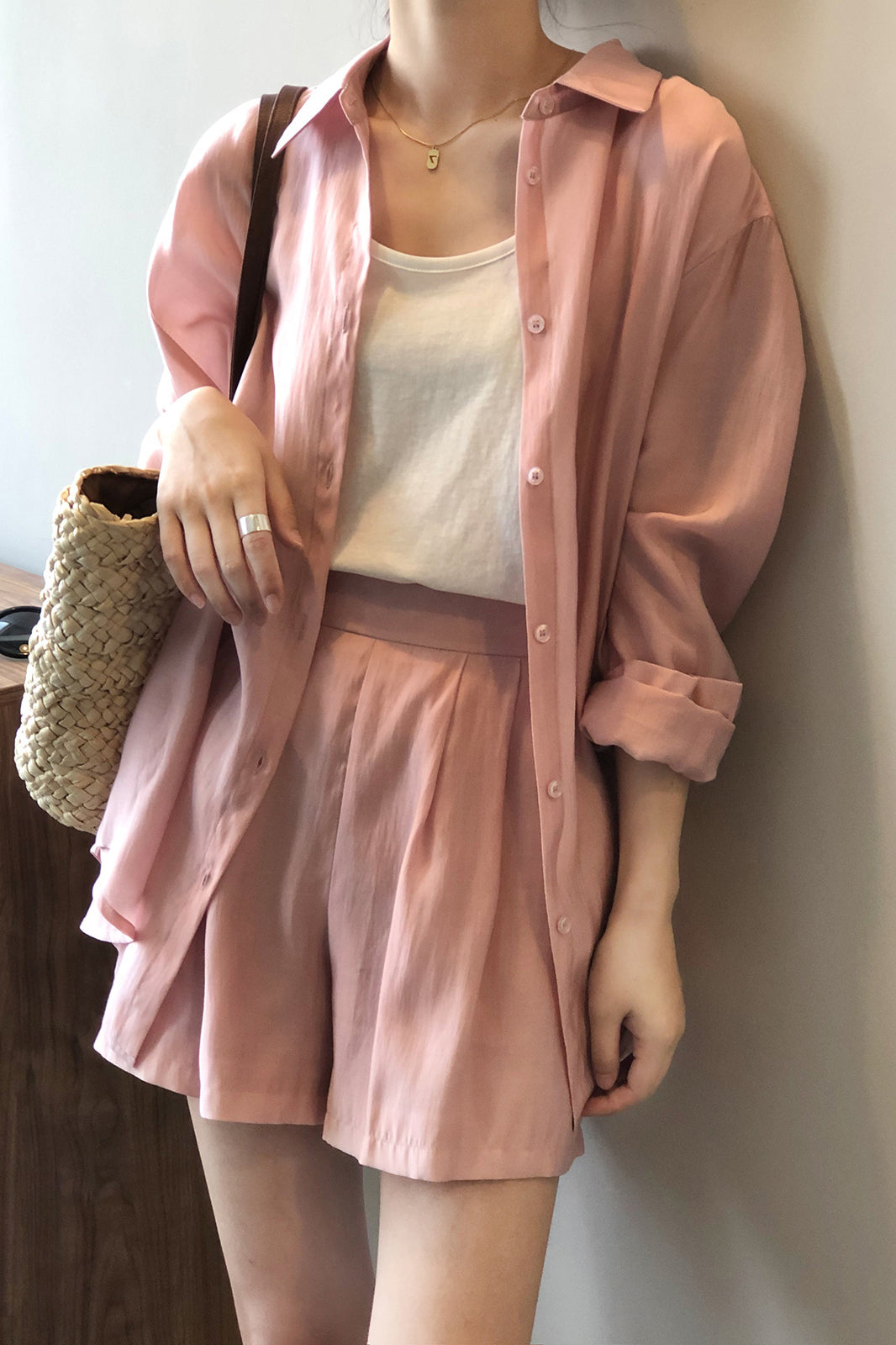 Two-Piece Set: Back Slit Sheer Shirt with Tie Belt + Front Tuck Shorts with Lining - 3 Colors Available - liwisi