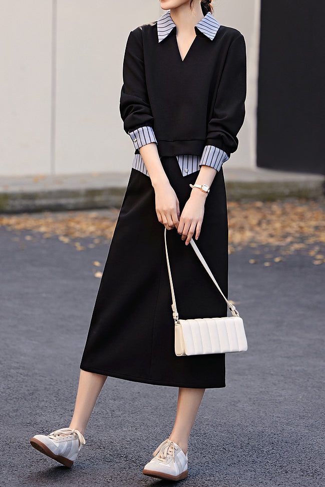 Shirt Collar Color-Block Two-Piece Set - liwisi