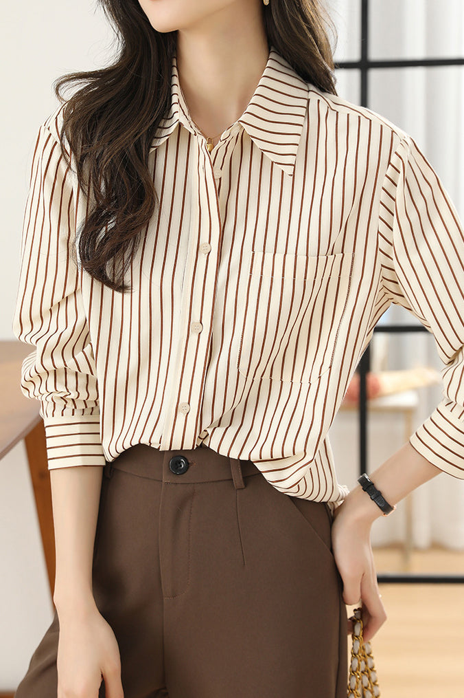 Basic Shirt Collar Striped Bi-Color Shirt - liwisi