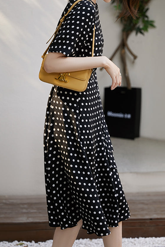 Round Neck Dot Pattern Semi-Flare Dress with Lining - 2 Colors Available - liwisi