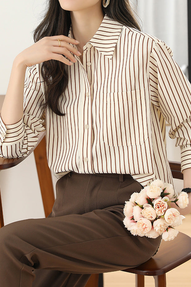 Basic Shirt Collar Striped Bi-Color Shirt - liwisi