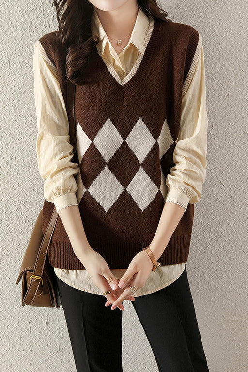 Casual V-Neck Diamond Pattern Knit Vest - 3 Colors Available - liwisi