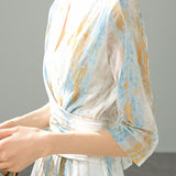 V-Neck Colorful Ink Print Long Dress with Lining - liwisi