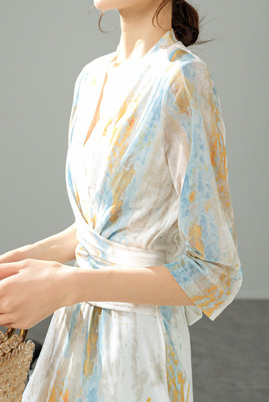 V-Neck Colorful Ink Print Long Dress with Lining - liwisi