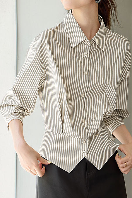 Early Autumn Office Fitted-Waist Striped Shirt - liwisi