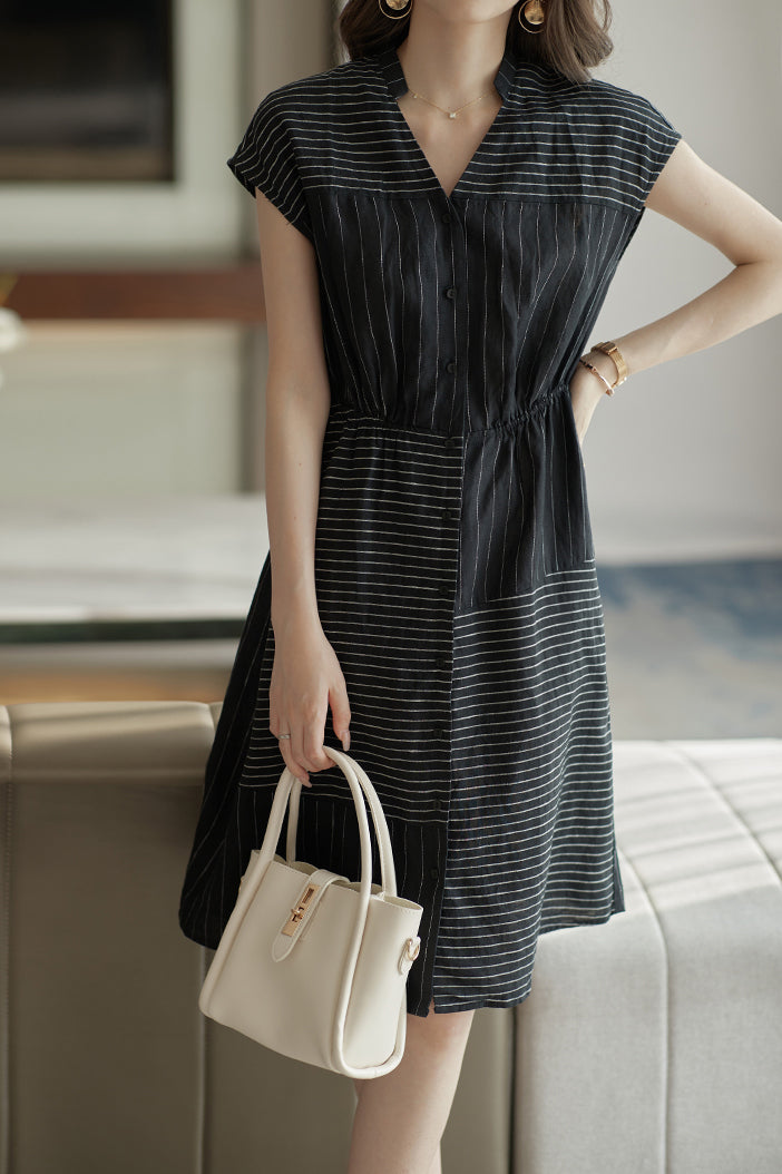 Skipper Collar Striped Docking Linen Dress - liwisi