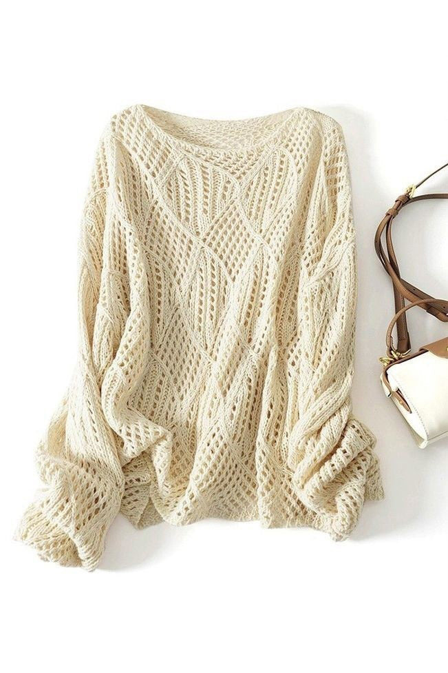 Round Neck Openwork Drop Shoulder Knit - 2 Colors Available - liwisi