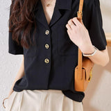 Lapel Collar Double Pocket Short Sleeve Blouse - liwisi