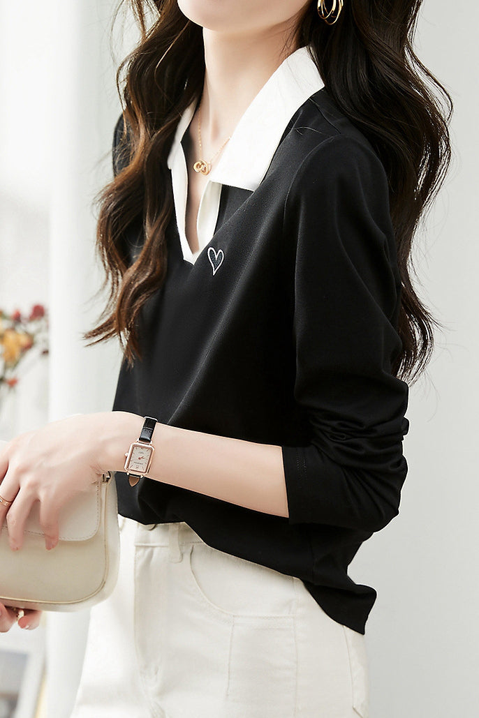 Skipper Collar Heart Logo Embroidered T-Shirt - liwisi