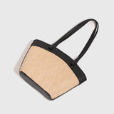 Leather Contrast Straw Shoulder Bag with Lining and Inner Bag - liwisi