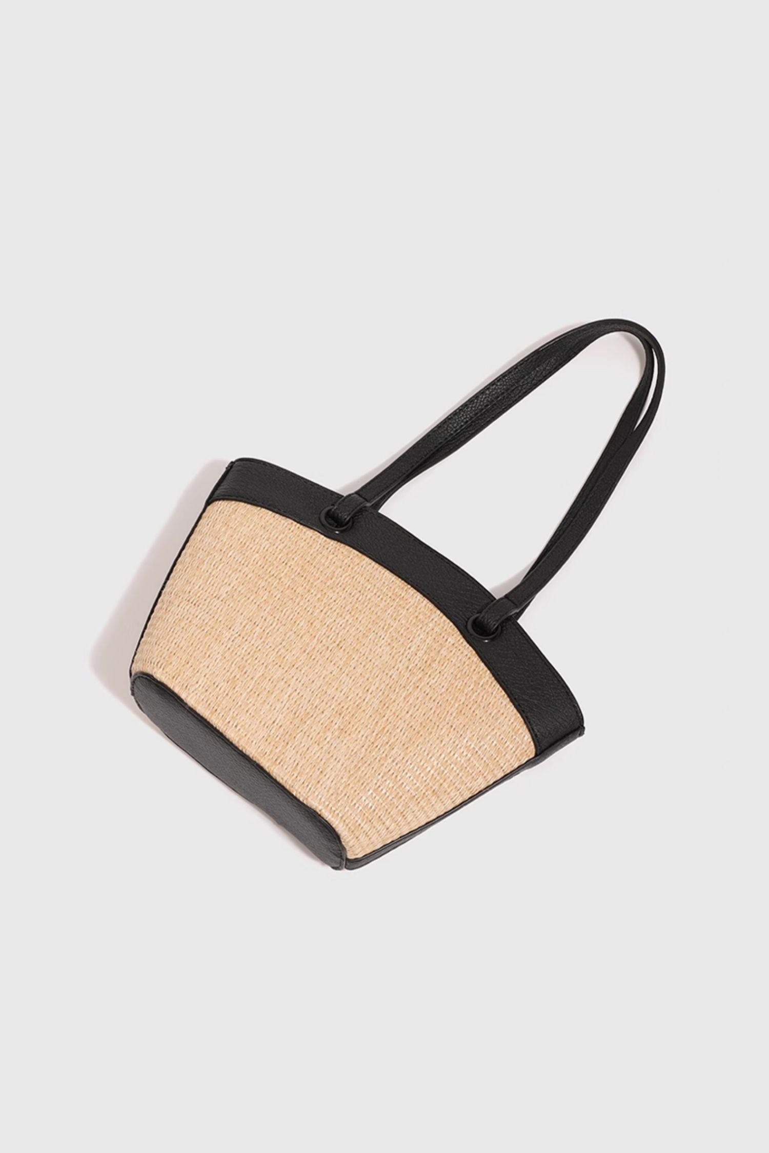 Leather Contrast Straw Shoulder Bag with Lining and Inner Bag - liwisi