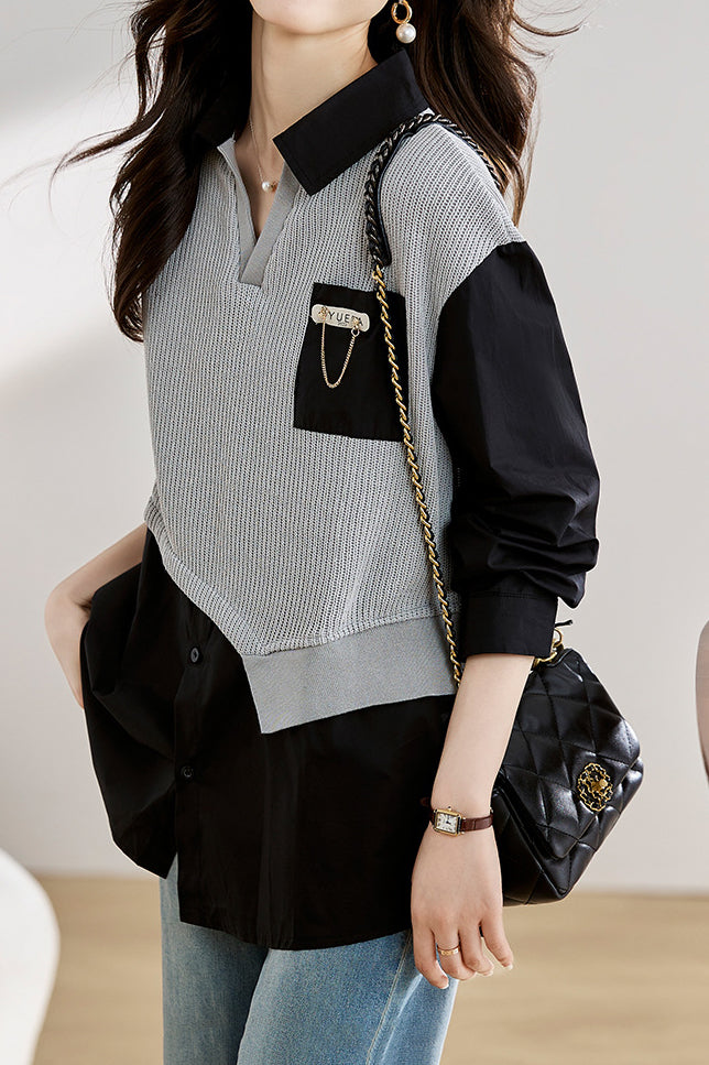 Layered Look Skipper Collar Knit Shirt - liwisi